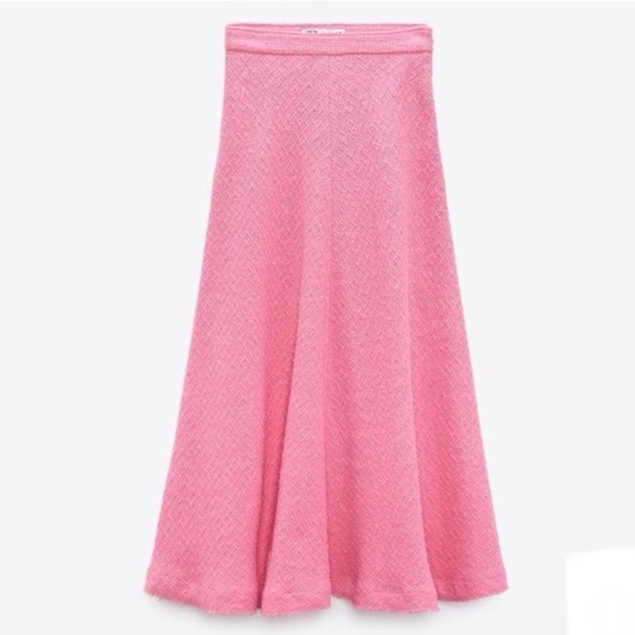ZARA Pink Tweed Textured Fringe Swing Midi Skirt